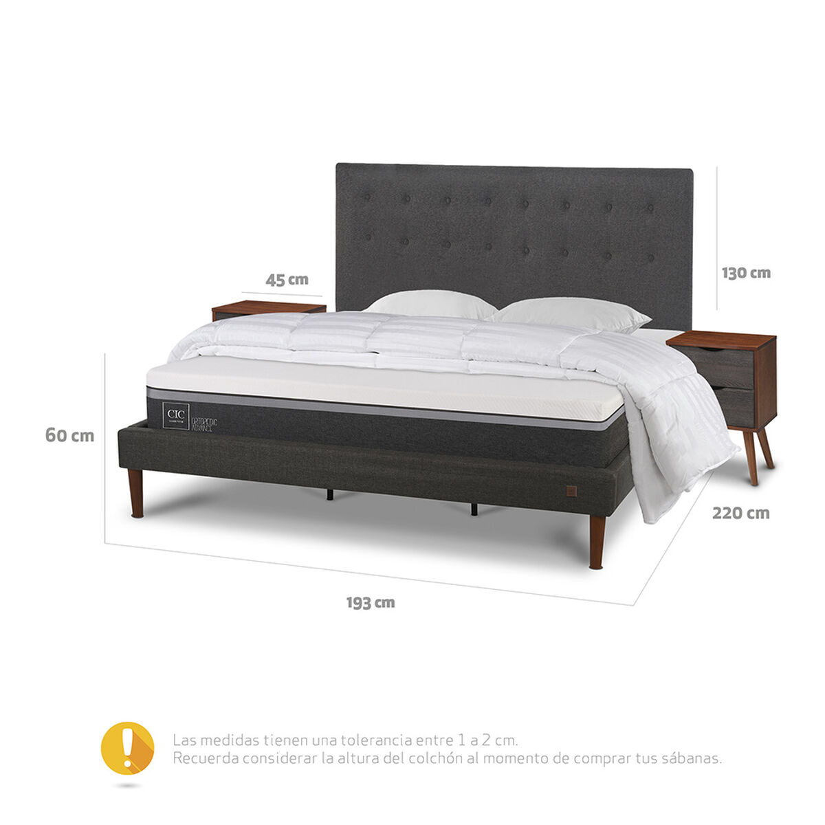 Cama Europea CIC King Ortopedic Advance + Respaldo Eufrates + 2 Veladores + Almohadas + Plum&oacute;n