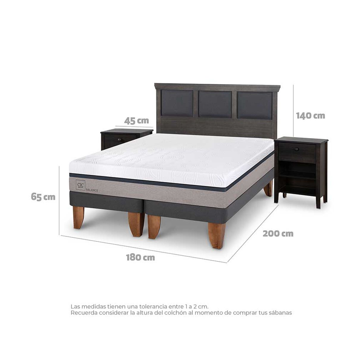 Cama Europea CIC Base Dividida King Balance + Respaldo + 2 Veladores Torino