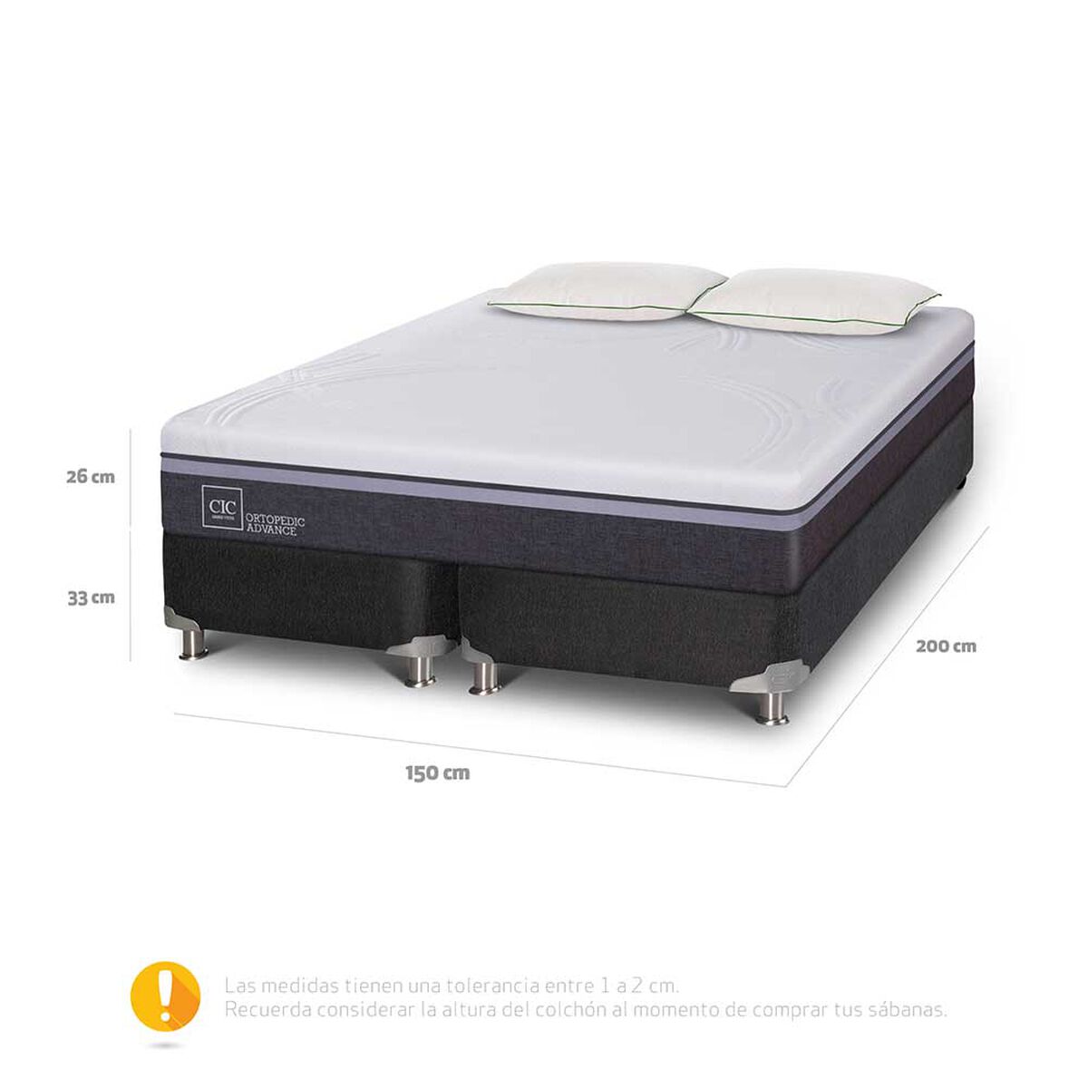 Box Spring CIC Base Dividida 2 Plazas Ortopedic Advance + Set 2 Almohadas Da Soft Sleep