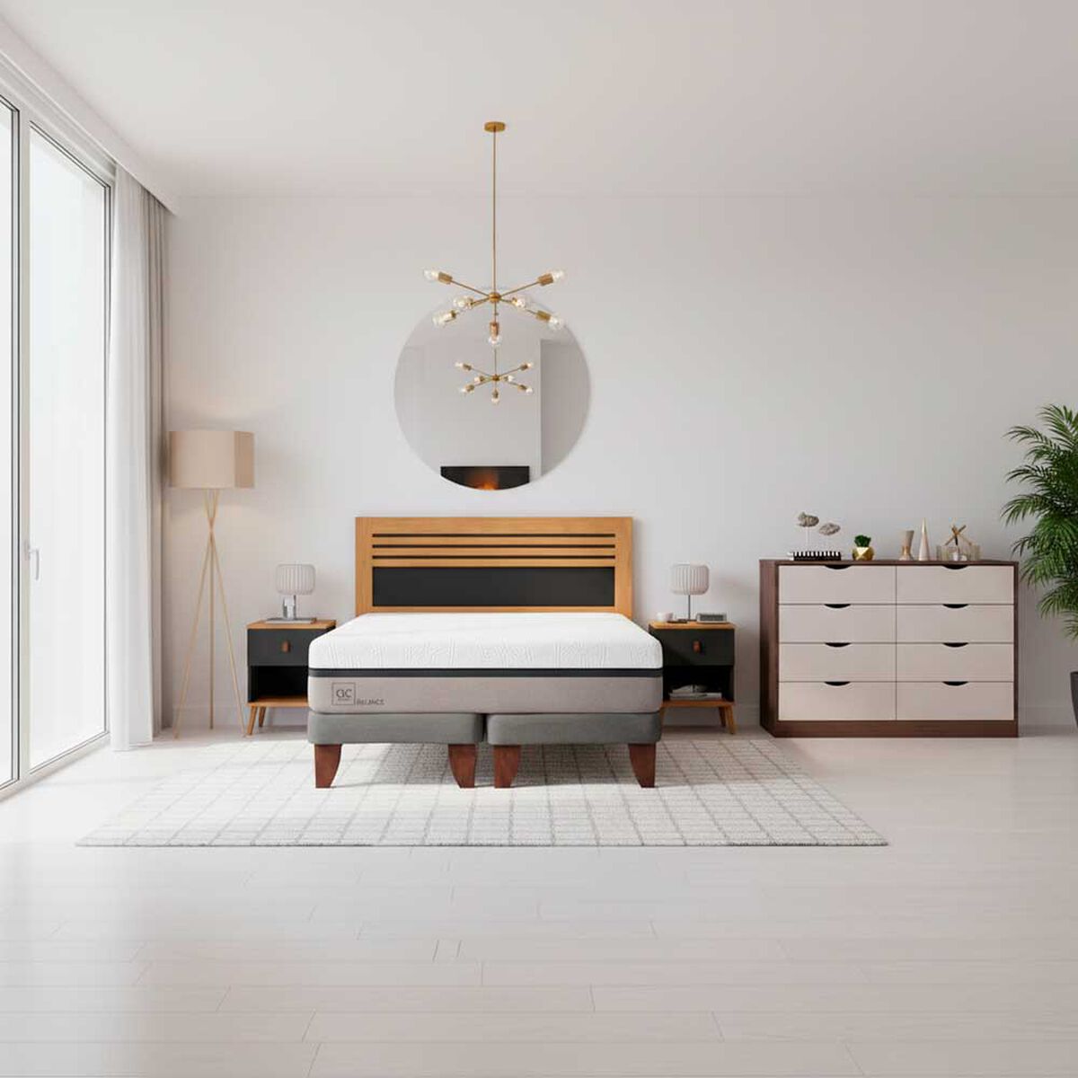 Combo Cama Europea CIC Base Dividida 2 Plazas Balance + Respaldo 2 Plazas + 2 Veladores Casanova + C&oacute;moda Casanova Pisa 6 Cajones