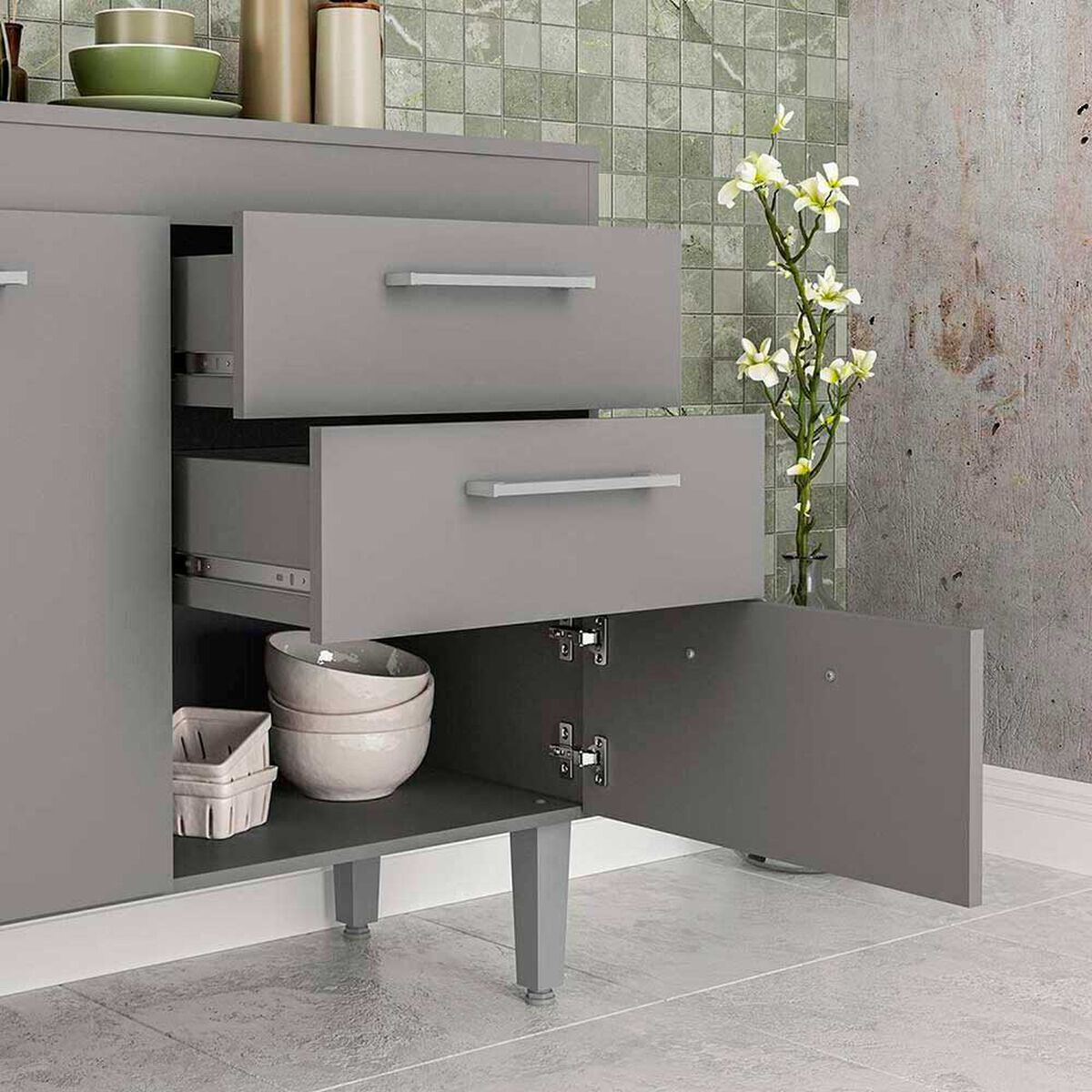 Mueble de Cocina Base Vekkahome Opie 2 Cajones 3 Puertas Gris