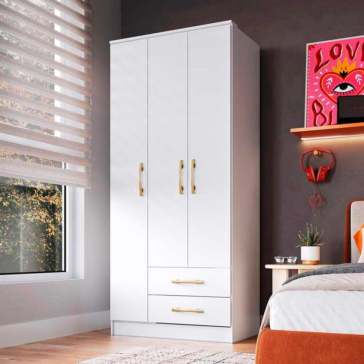 Cl&oacute;set Vekkahome Pequim 3 Puertas 2 Cajones Blanco