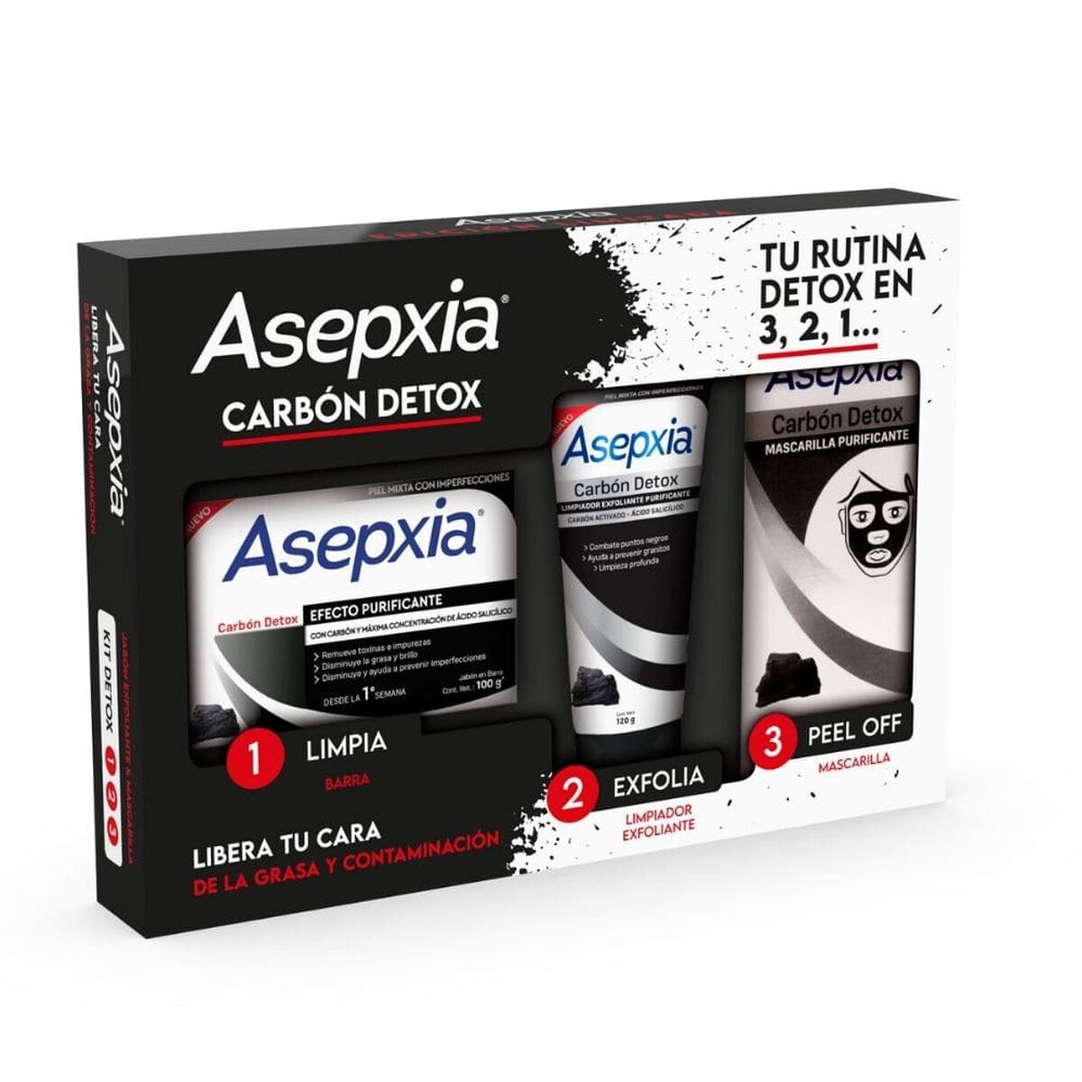Pack 1 Limpiador Exfoliante + 1 Jabón Carbón + 1 Mascarilla Asepxia