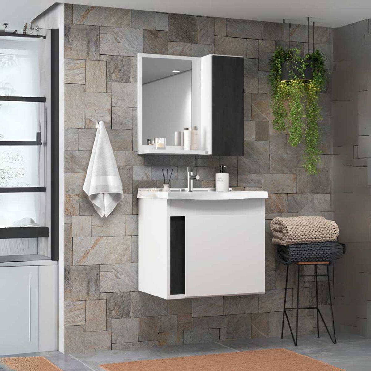 Combo Baño Vanitorio + Espejo Home Mobili Parati Blanco Gris
