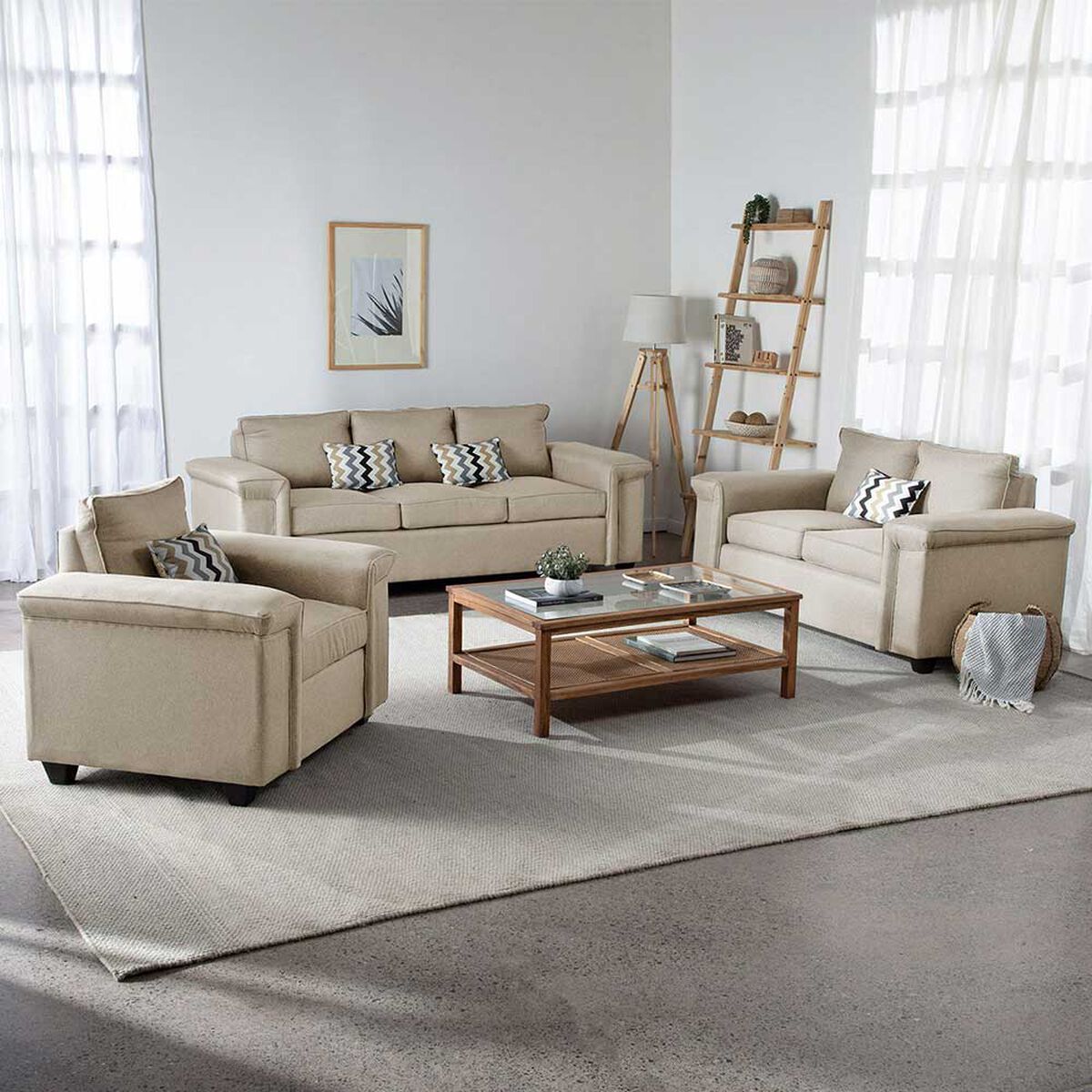 Juegos de Living Mons Sicilia Sofá 3 Cuerpos + Sofá 2 Cuerpos + Sillón 1 Cuerpo Beige