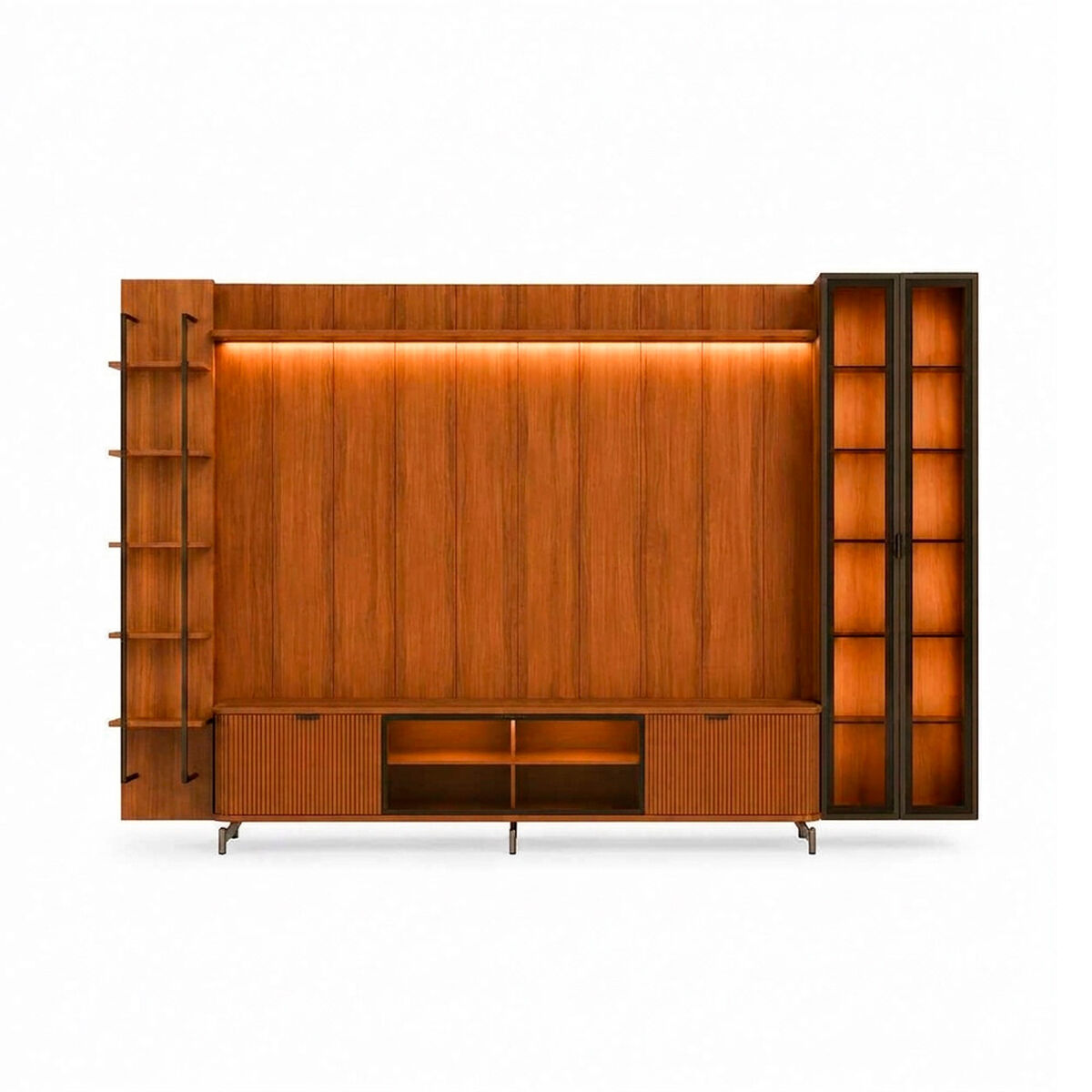 Rack TV 80" + Panel Neon Float LED + Vitrinas 2 Puertas + Repisas Decocasa Canela