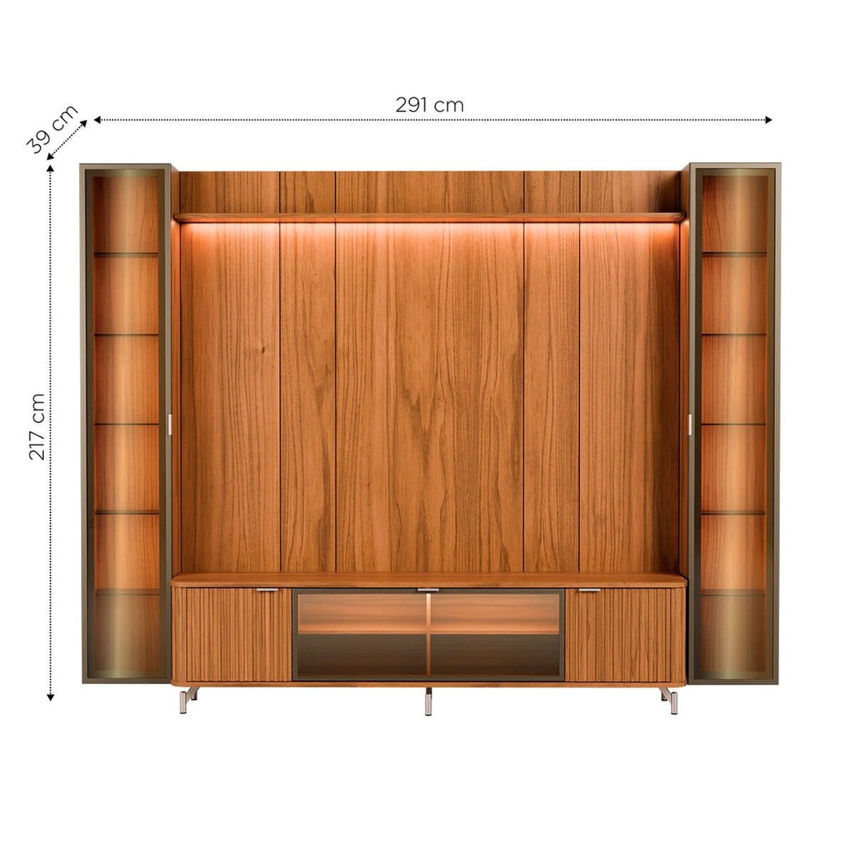 Rack TV 80" + Panel Neon Float Led + 2 Vitrinas Decocasa Canela