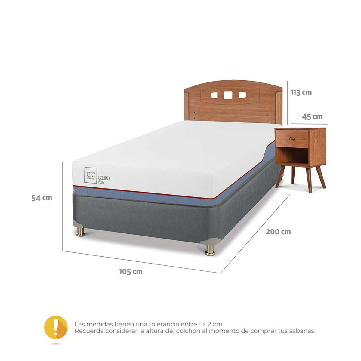 Cama Americana CIC 1,5 Plazas Excellence Plus + Respaldo + Velador New Gales