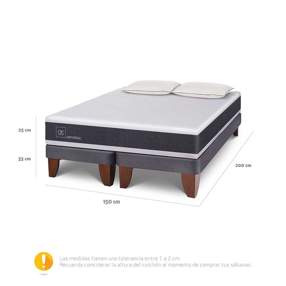 Cama Europea CIC Base Dividida 2 Plazas Ortopedic + Set 2 Almohadas Da Soft Sleep