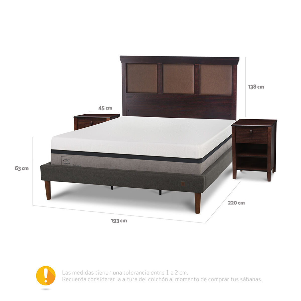 Cama Europea CIC Curve King Balance + Respaldo Caramelo +2 Veladores New Torino Chocolate
