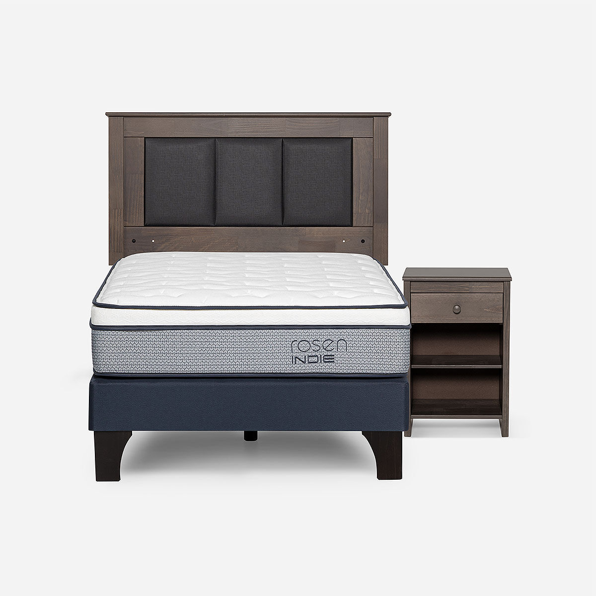 Combo Cama Europea Rosen 1,5 Plazas Indie BN + Respaldo y Veladores Rachel