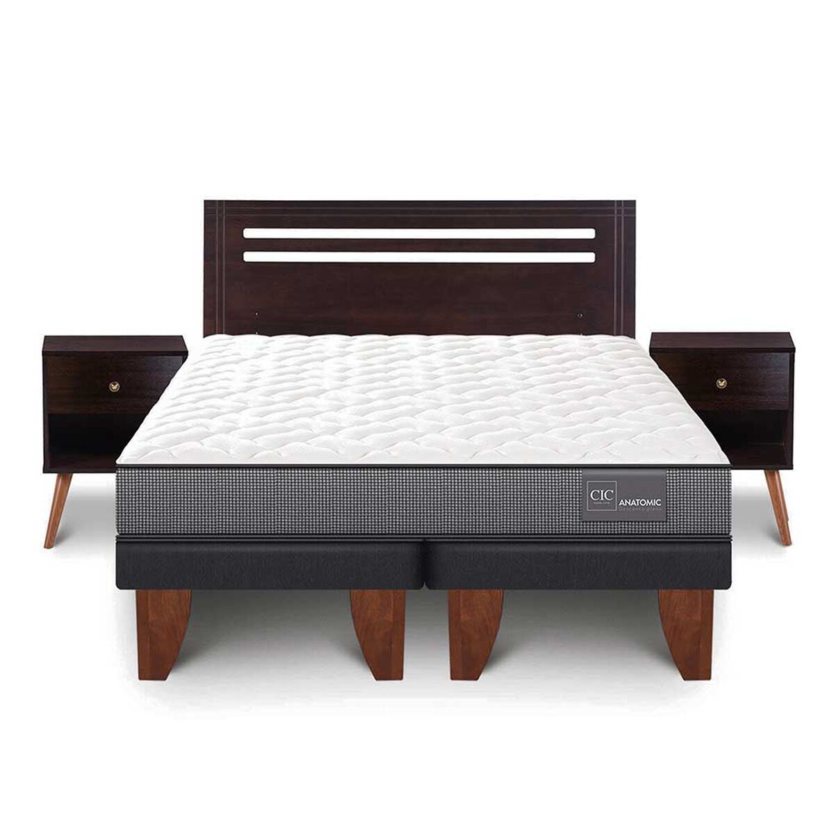 Cama Europea CIC Base Dividida 2 Plazas Anatomic + Respaldo + 2 Veladores Munich