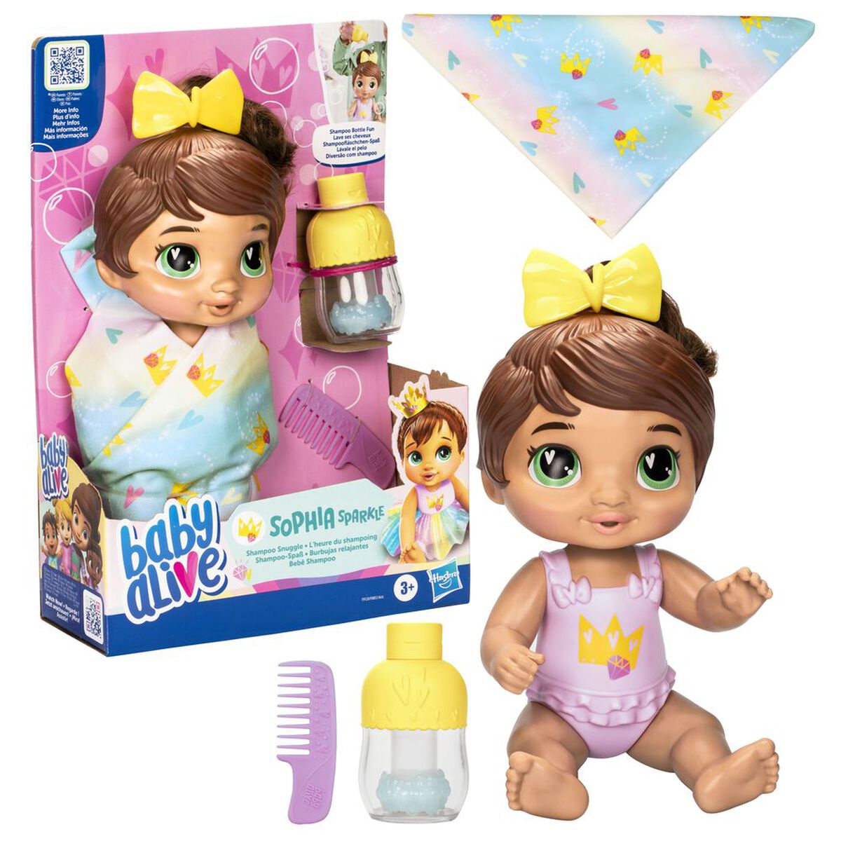 Muñeca Burbujas Relajantes Sophia Sparkle Cabello Castaño Baby Alive