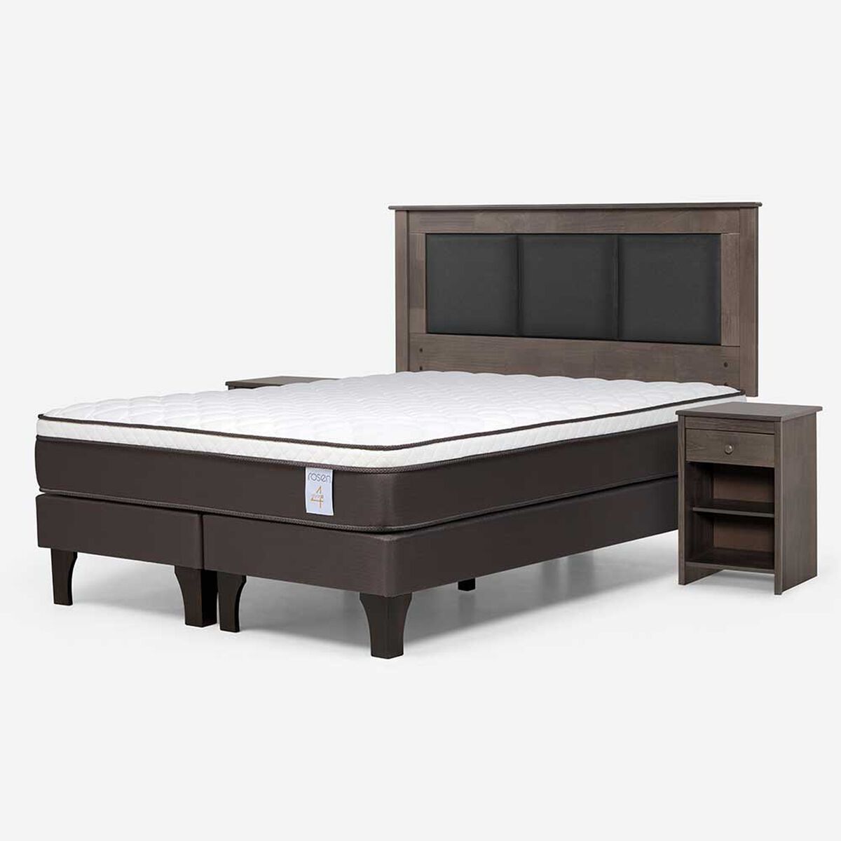 Cama Europea Rosen Base Dividida 2 Plazas New Style 4 Plus + Respaldo Rachel Gris + 2 Veladores