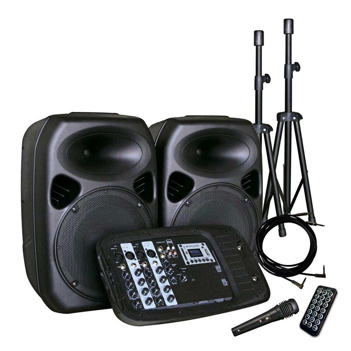 Combo Audio 2 Parlantes Minicomponente + 2 Atriles + Amplificador + Micr&oacute;fono Inal&aacute;mbrico Hyundai