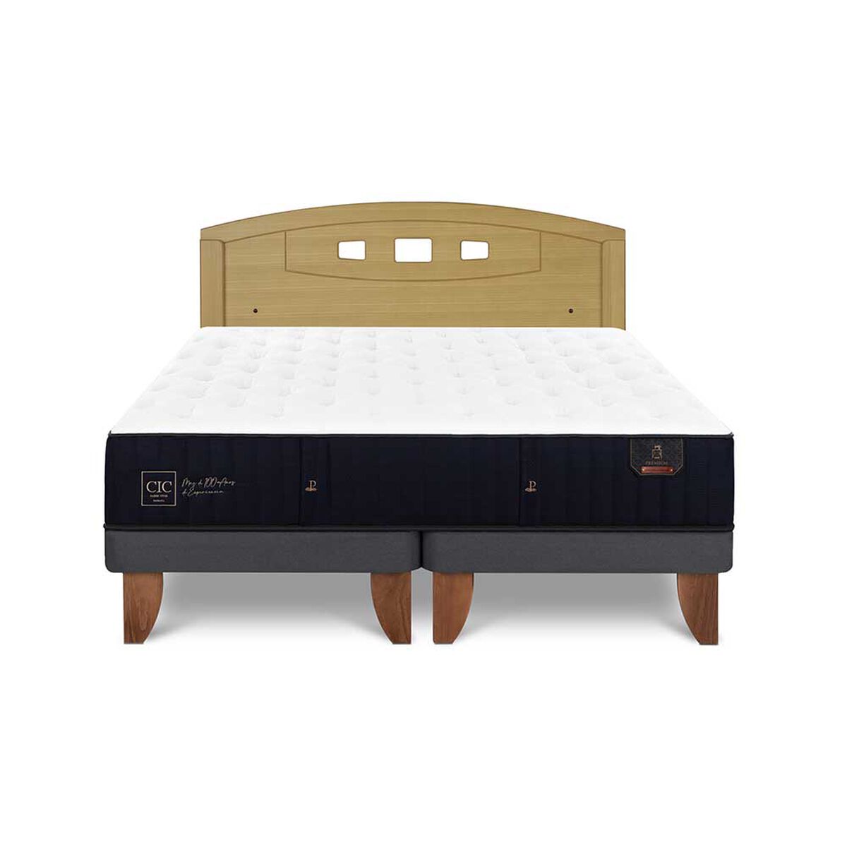 Cama Europea CIC Base Dividida 2 Plazas Premium + Respaldo Gales Mostaza