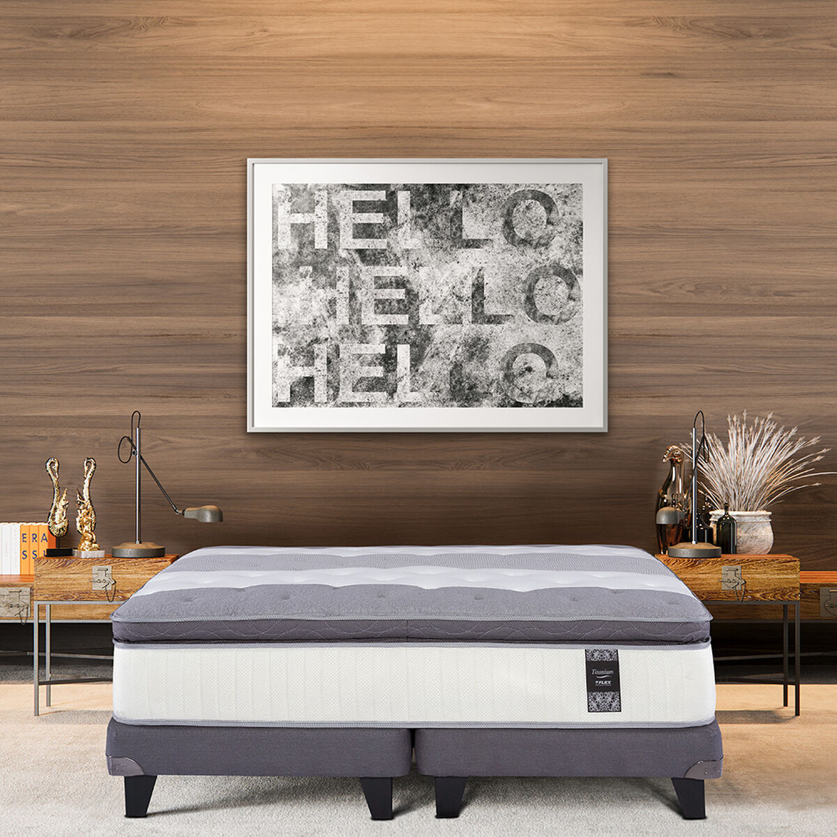 Cama Europea Flex King Titanium New + Set Maderas Capitoné Boston