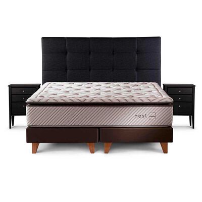 Cama Europea Rosen Base Dividida King Nest + Respaldo + 2 Veladores Issey Grafito