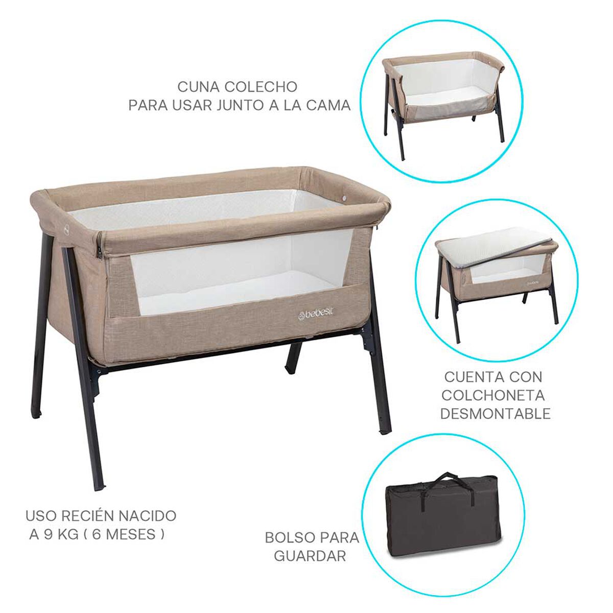 Cuna Colecho Bebe Easy con Bolso Beige Bebesit