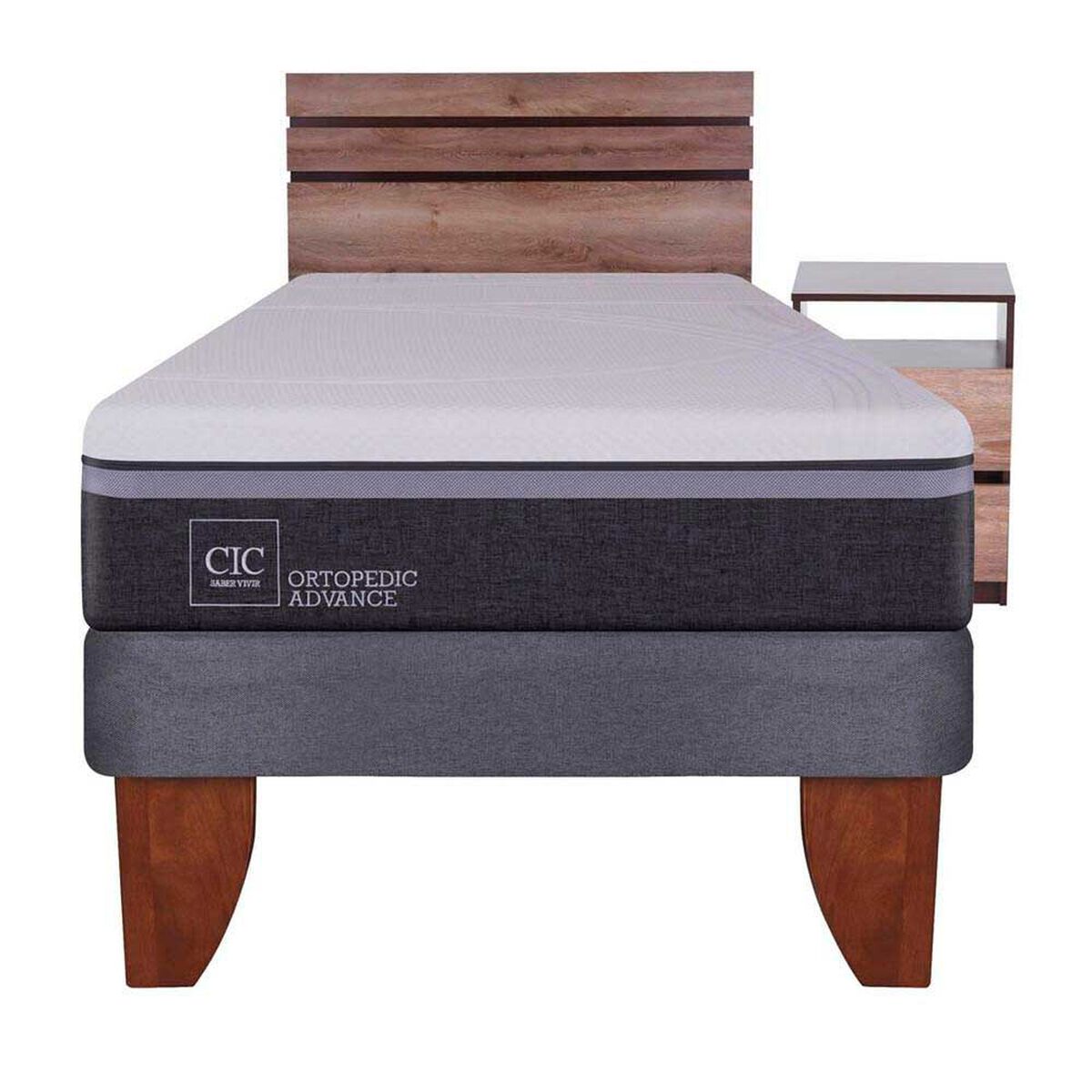 Cama Europea CIC 1,5 Plazas Ortopedic Advance + Respaldo + Velador Ares