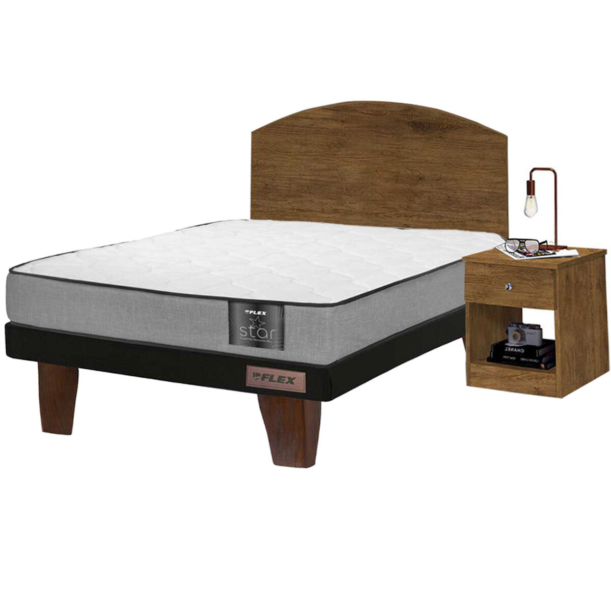 Combo Cama Europea Flex 1,5 Plazas Star + Respaldo + Velador Casanova 1,5 Plazas Jequitiba