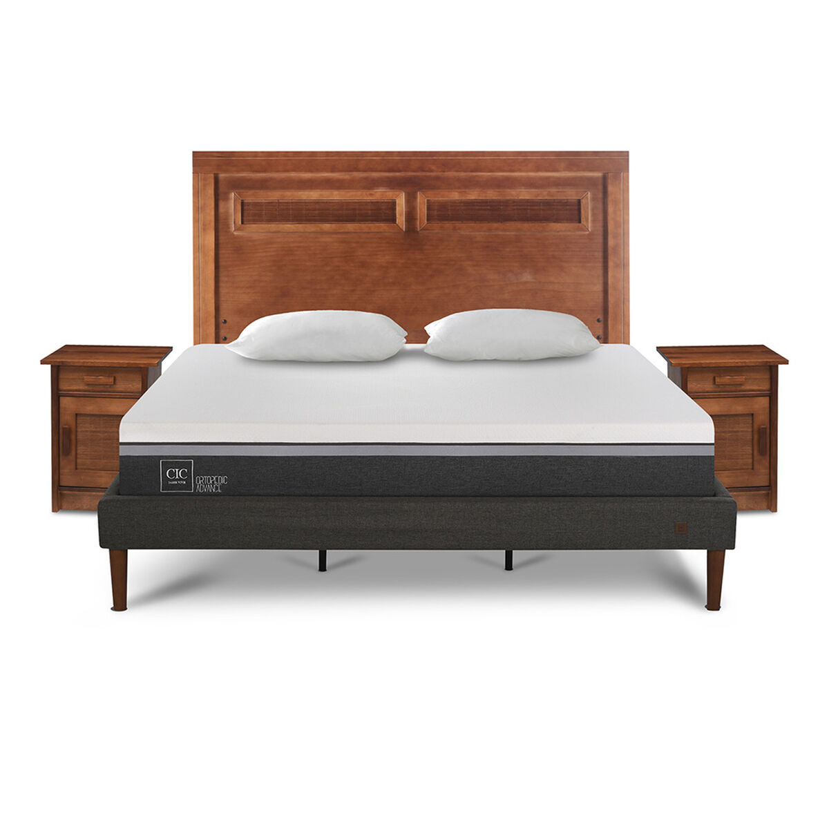 Cama Europea CIC King Ortopedic Advance + Respaldo Milan + 2 Veladores + Almohadas Viscoel&aacute;sticas