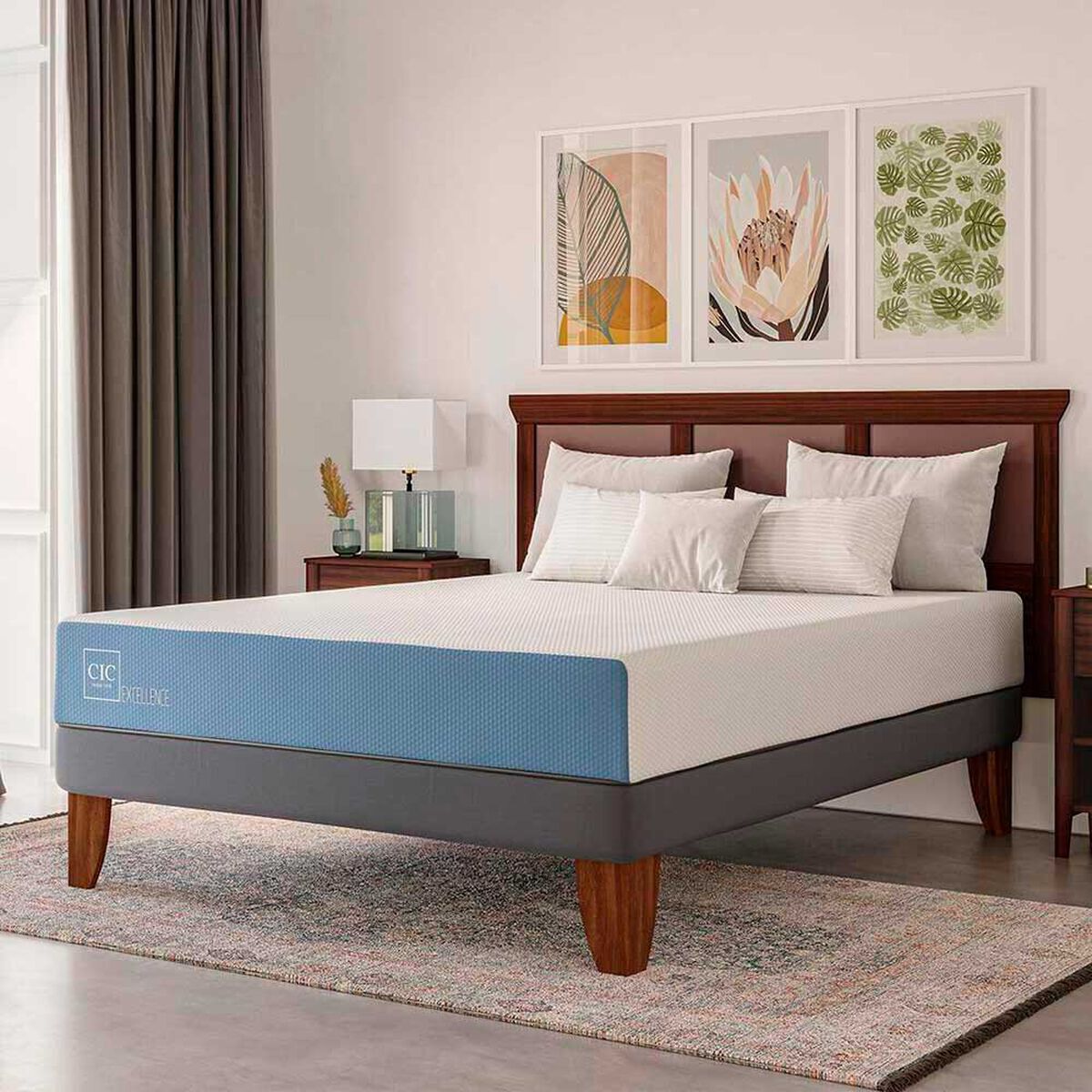 Cama Europea CIC 2 Plazas Excellence + Respaldo + 2 Veladores Villarrica