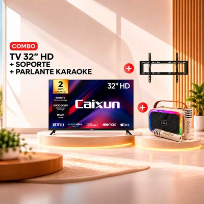 Combo Smart TV LED 32" Caixun HD Roku C32V1HR + Soporte TV Fijo Kioto KT-TF86 Negro + Karaoke MLAB My LiL Voice Luz RGB 2 Micrófonos Inalámbricos Blanco