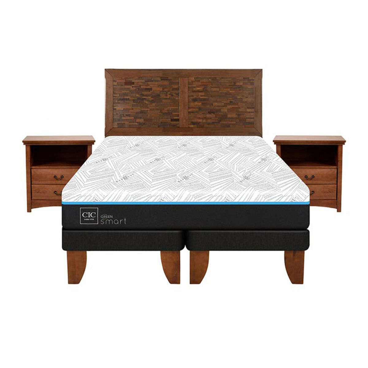 Cama Europea CIC Green Infinity King + 1 Respaldo + 2 Veladores Antique