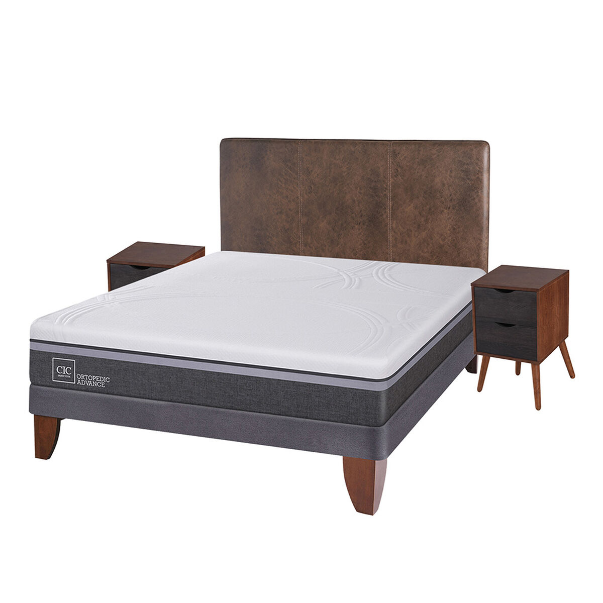 Cama Europea CIC 2 Plazas Ortopedic Advance + Respaldo + 2 Veladores Baker