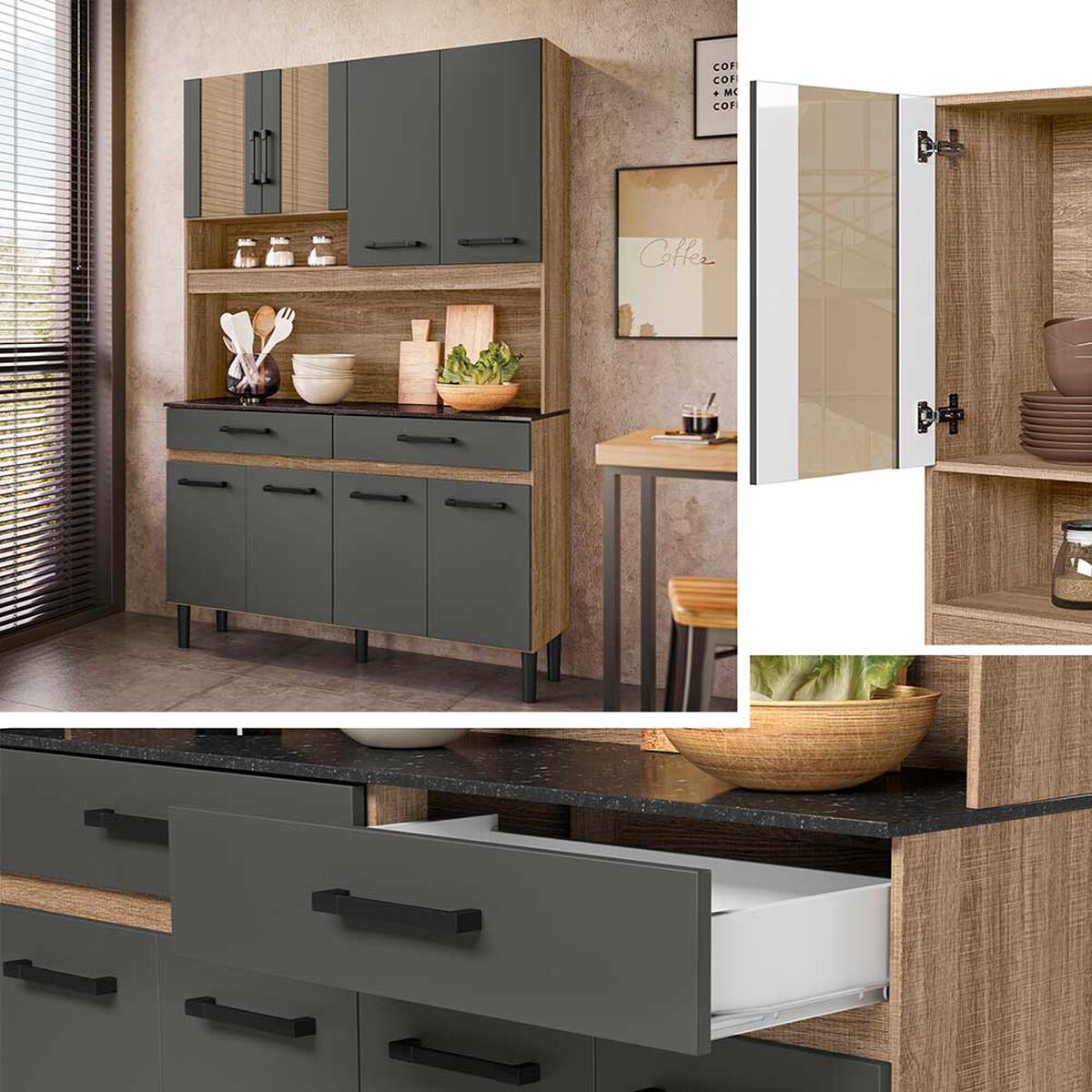 Mueble de Cocina Vekkahome Bari 2 Cajones 8 Puertas Café