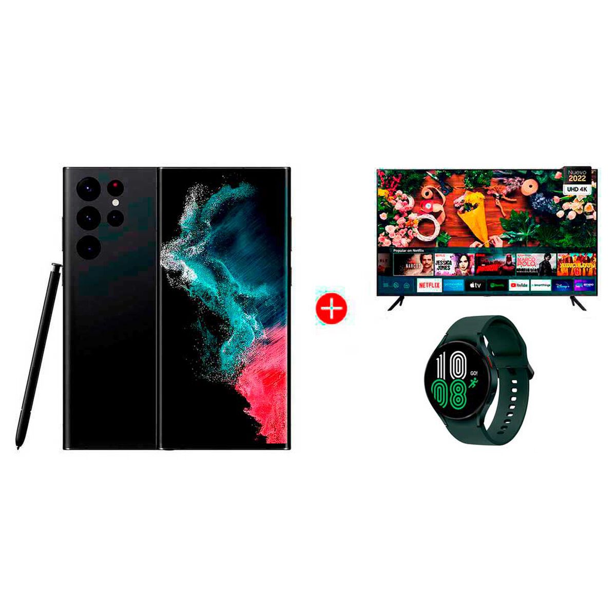Combo Celular Samsung Galaxy S22 Ultra 128GB 6,8" Phantom Black Liberado + LED 55" UN55AU7090 Smart TV 4K Ultra HD 2022 + Smartwatch Galaxy Watch4 44mm Green