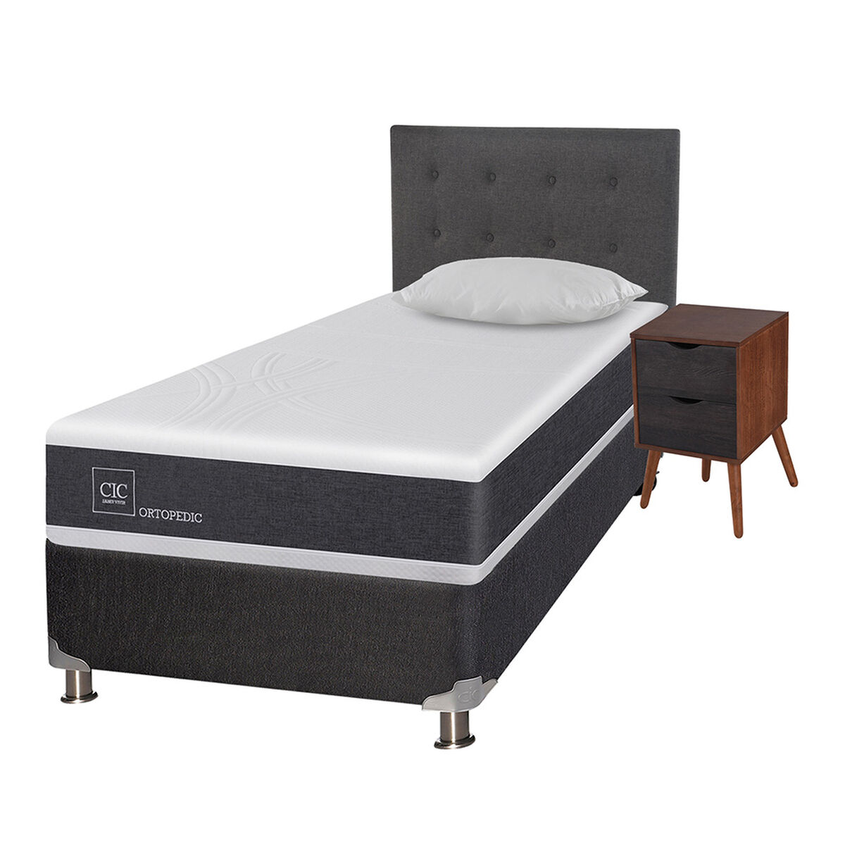 Box Spring CIC 1,5 Plazas New Ortopedic + Respaldo + Velador Eufrates + Almohada