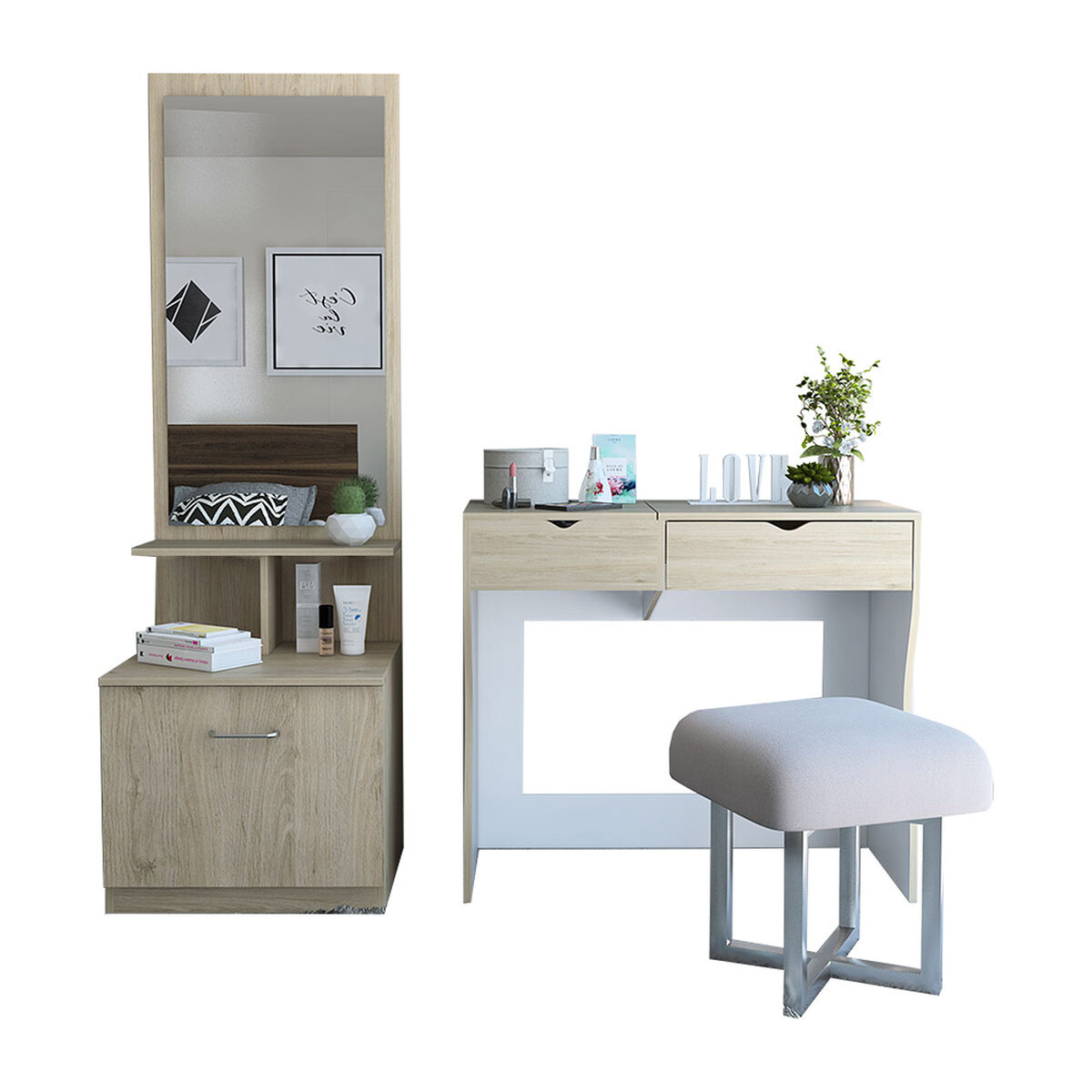 Mueble De Tocador + Velador Con Espejo Perla