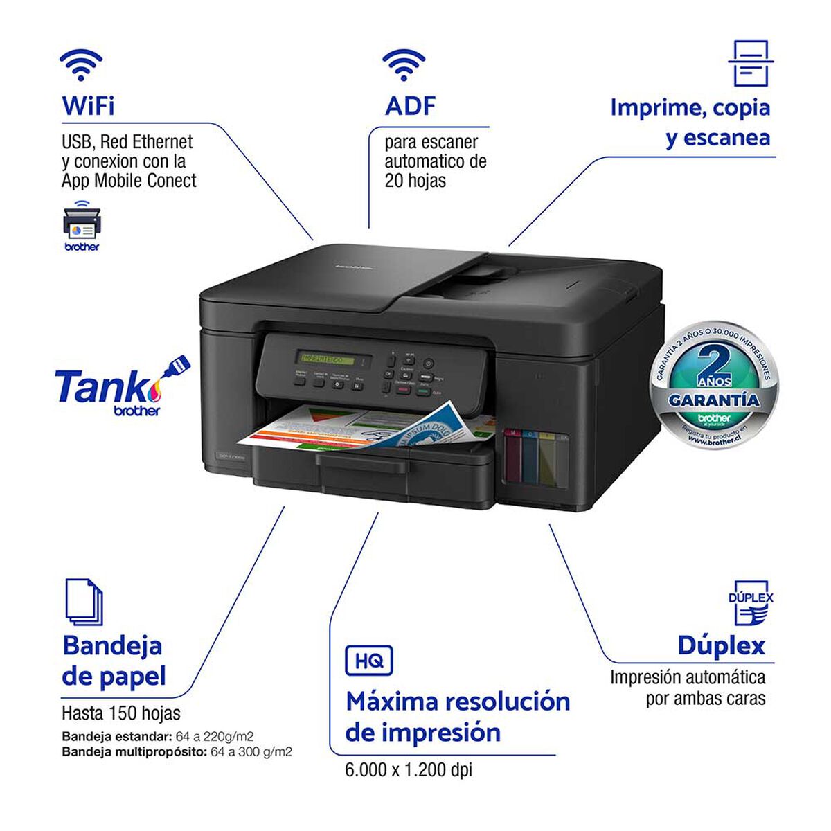Multifuncional Brother Tinta Continua DCPT730DW Wifi, D&uacute;plex y ADF