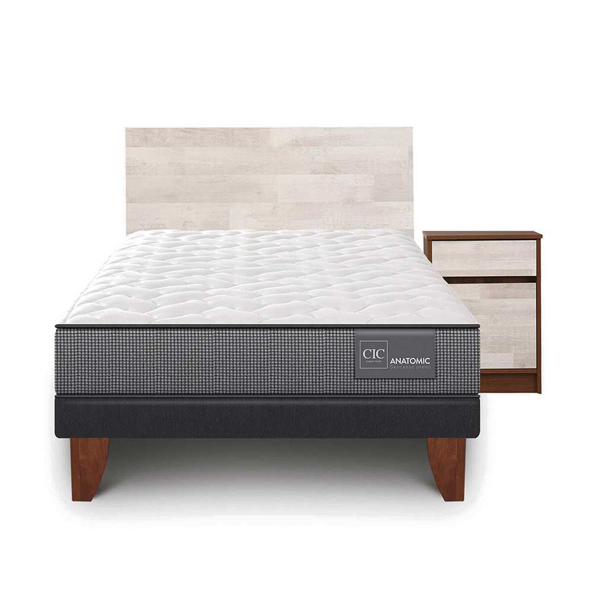 Cama Europea CIC 1,5 Plazas Anatomic + Respaldo + Velador Legno