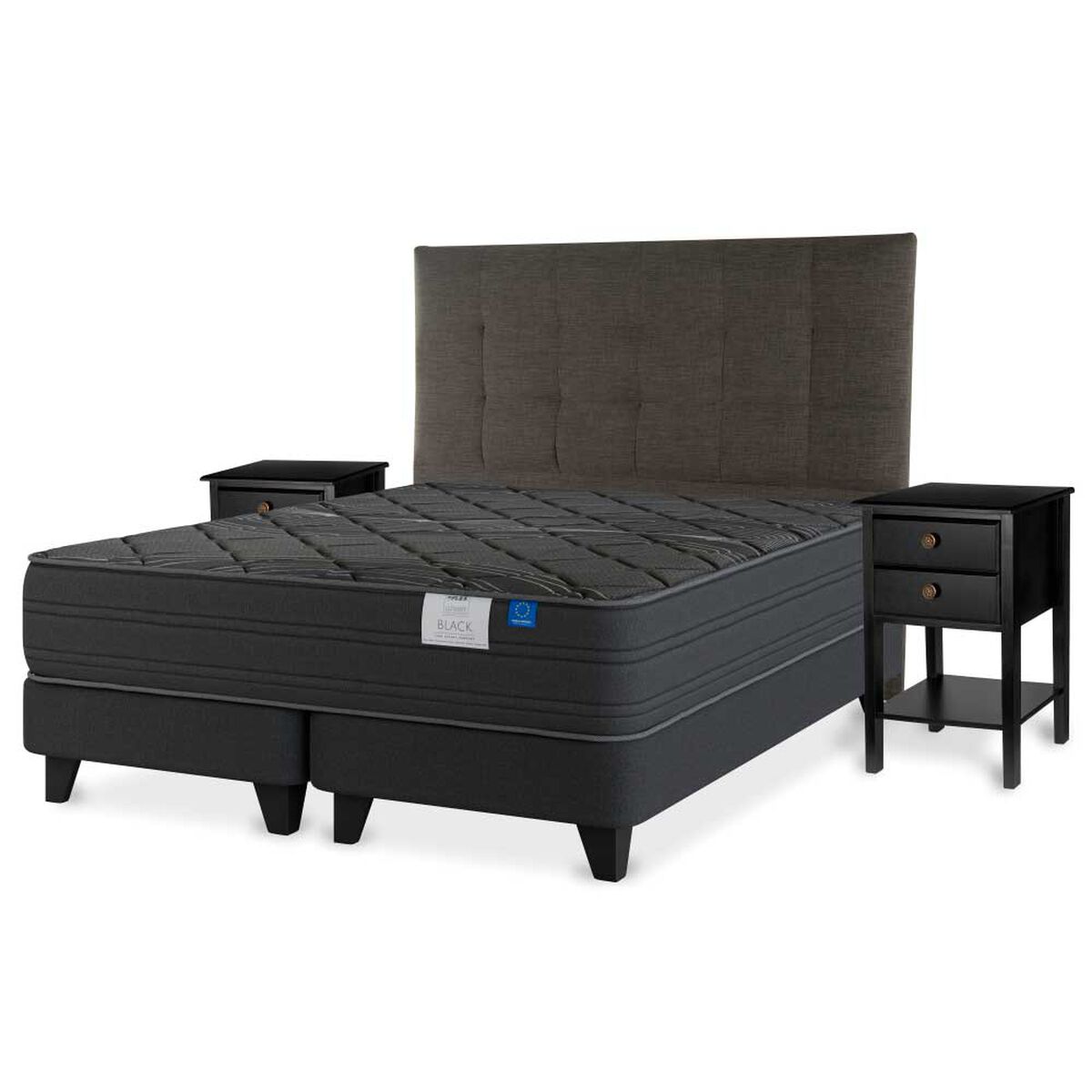 Cama Europea Flex Base Dividida S&uacute;per King Black + Respaldo Design Grafito + 2 Veladores Rover