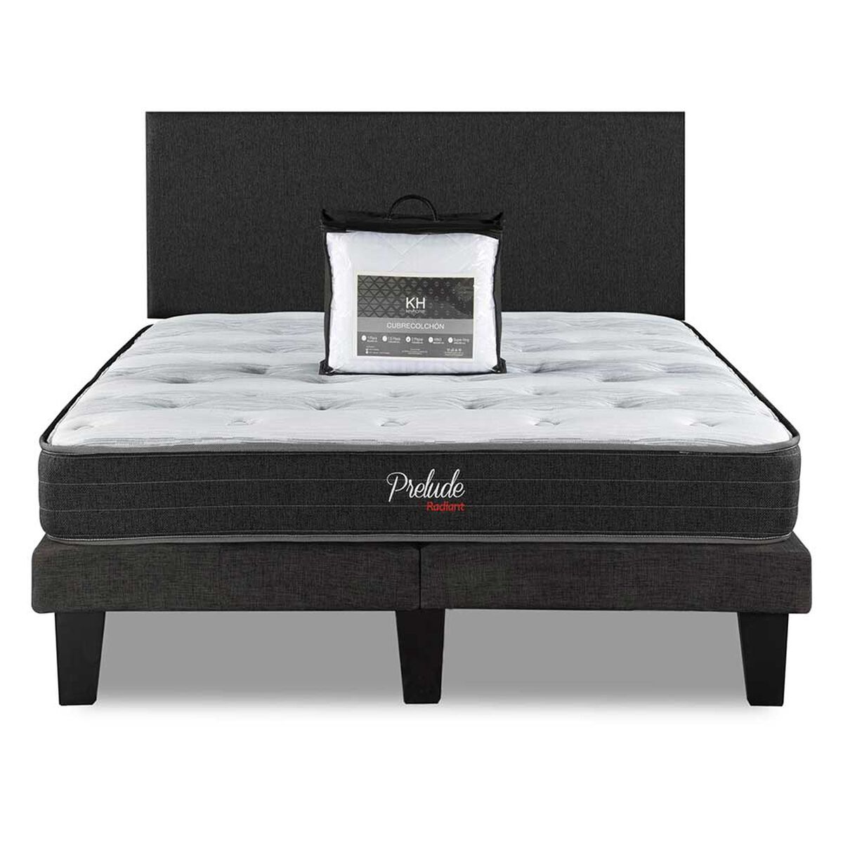 Combo Cama Europea Prelude Radiant 2 Plazas Normal + Respaldo Praga Marengo + Cubre Colchón