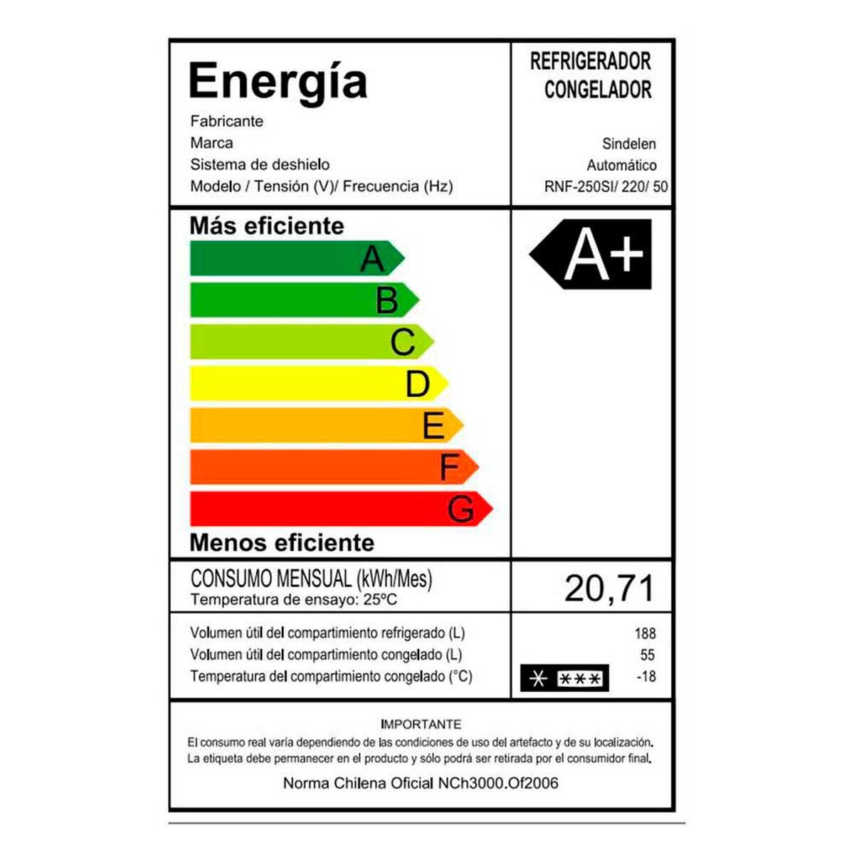 Refrigerador No Frost Sindelen RNF-250SI 250 lts.