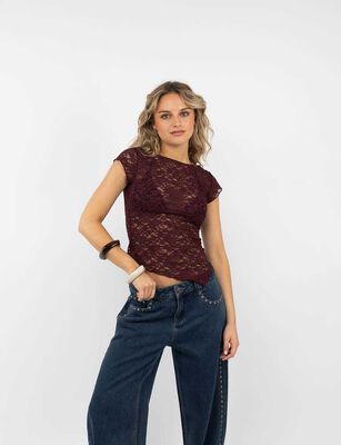 Imagen 1 del producto Polera Encaje Manga Corta Mujer Icono Burdeo, Crudo, Negro