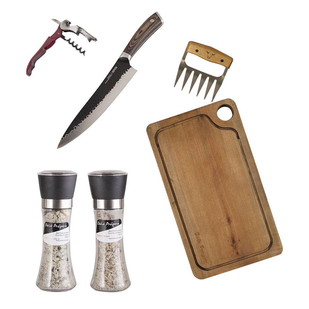 Set Parrillero Wayu Tabla + Cuchillo + Garra de Oso + Sacacorchos Manual + Mix de Sales