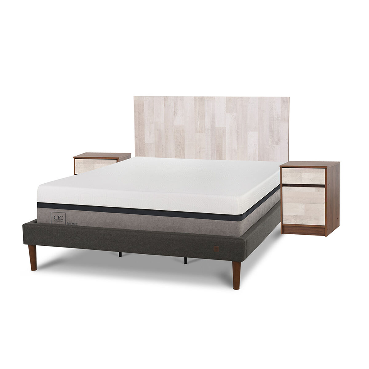 Cama Europea CIC Curve King Balance + Respaldo + 2 Veladores Legno