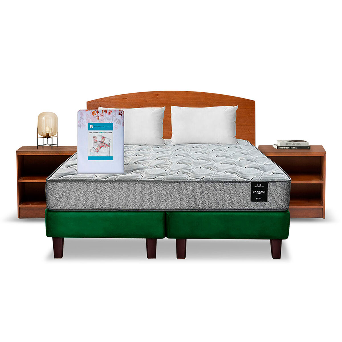 Combo Cama Europea Latam Home 2 Plazas Cannon BD Tela Verde + Textil + Respaldo + 2 Veladores Atlas