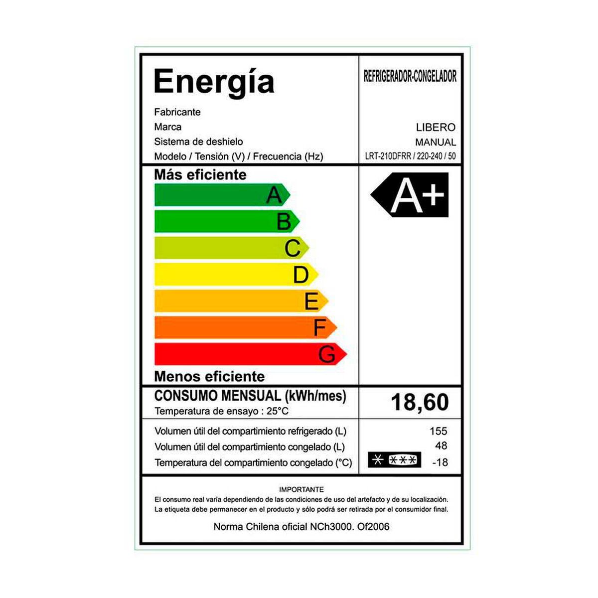 Refrigerador Fr&iacute;o directo Libero LRT-210DFRR 203 lt