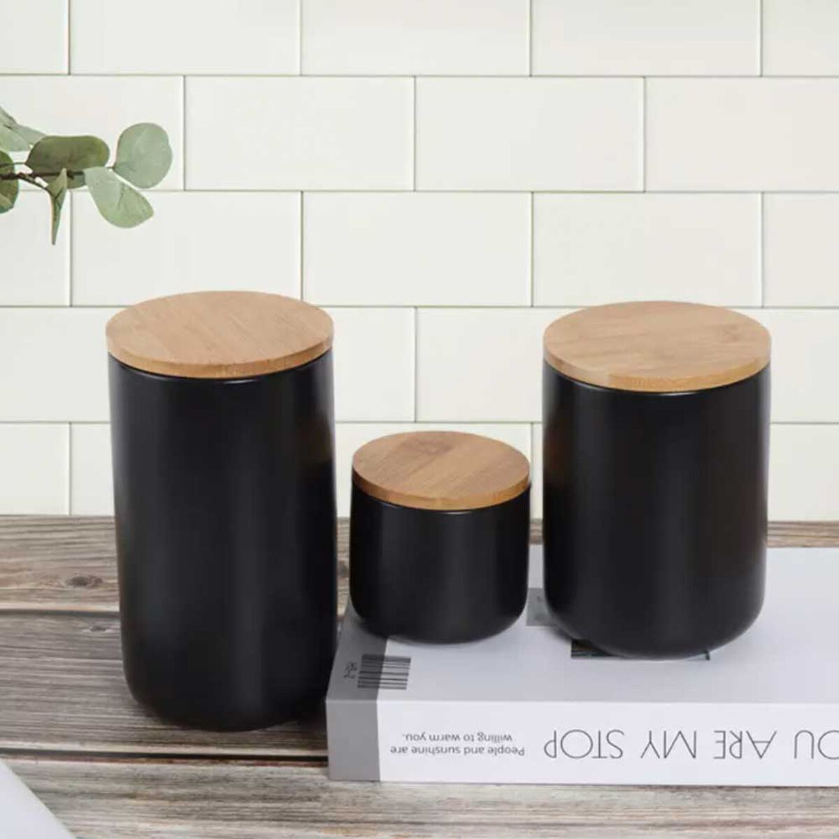 Contenedor de Cerámica Hermético Tapa Madera Simplit M Negro