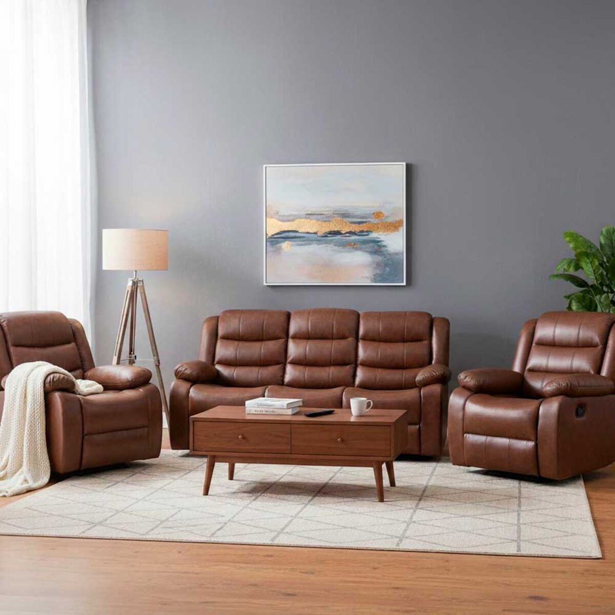 Juego de Living Reclinable Daniels Sof&aacute; 3 Cuerpos + 2 Bergers Roma Caf&eacute;