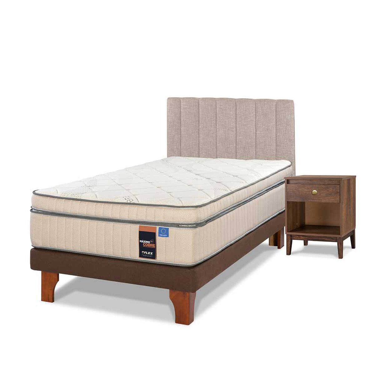 Cama Europea Flex 1,5 Plazas Máximo Cobre  + Respaldo Tubular Beige + Velador Atenas