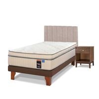 Cama Europea Flex 1,5 Plazas Máximo Cobre + Respaldo Tubular Beige + Velador Atenas