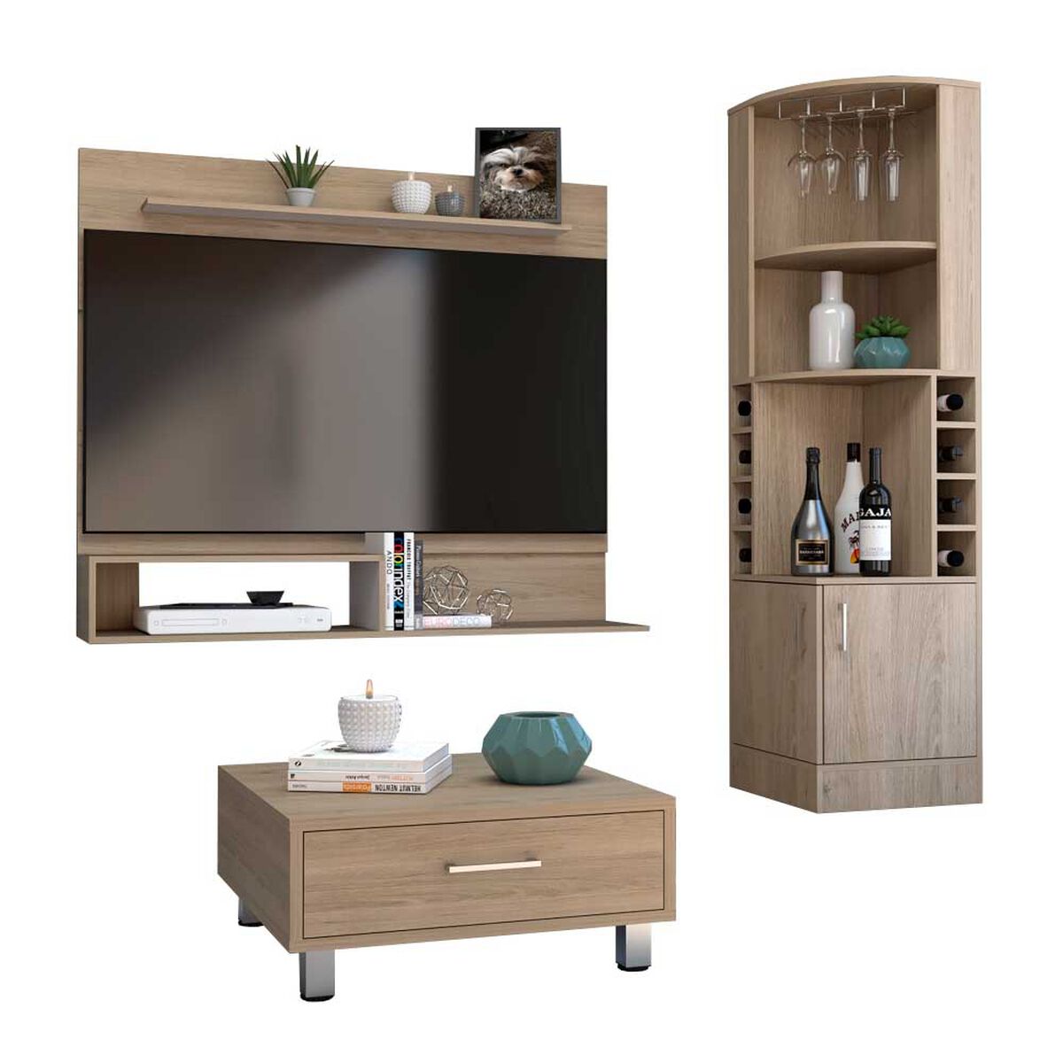 Combo Bar Esquinero + Panel TV55 + Mesa de Centro TuHome Beijing Rovere Blanco