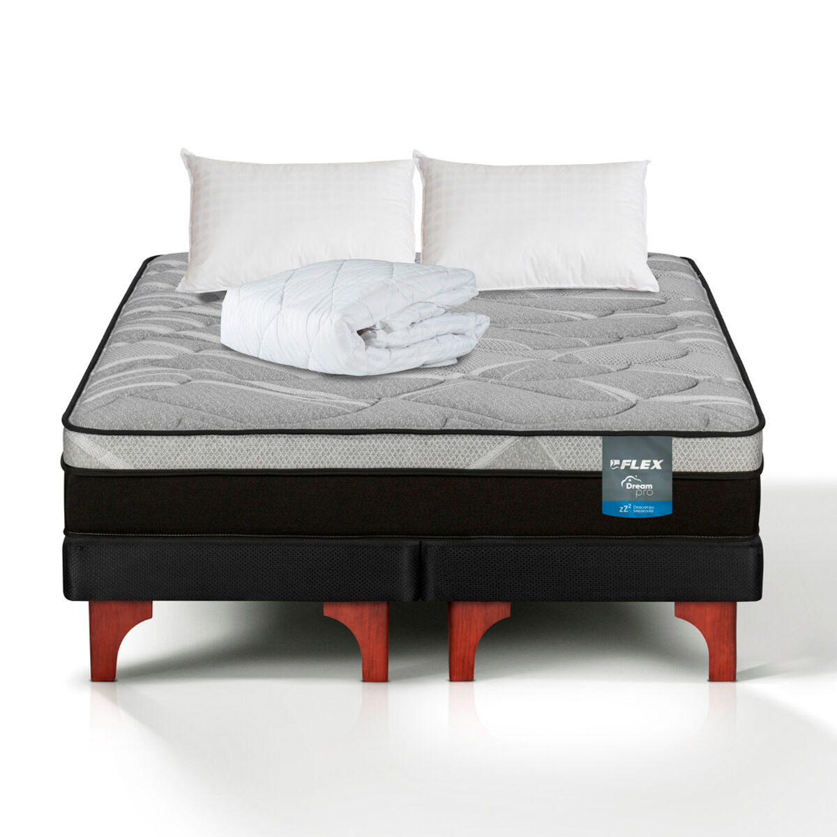 Cama Europea Flex 2 Plazas Dream Pro Box B/D + 2 Almohada + Cubrecolchon